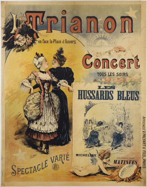 Konzertplakat mit einer Frau in einem langen, hochgeschlossenen Kleid mit langen Ärmeln und einem Mann in einem Anzug, der hinter ihr steht und die Arme verschränkt, beide mit ernsten Gesichtern.