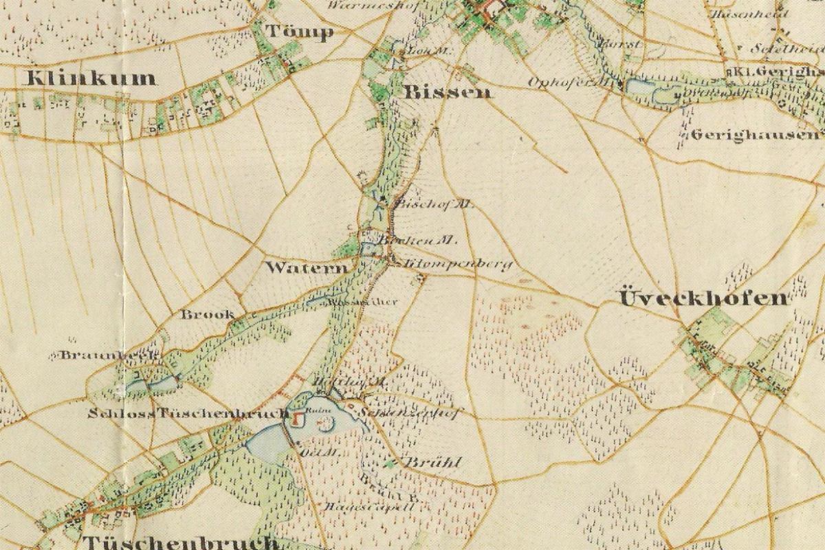 Detailed old map of Tüschenbruch, Germany, showing streets, buildings, and landmarks.