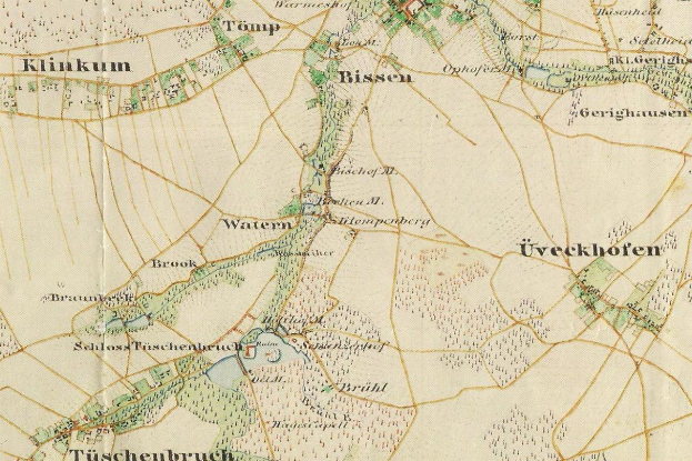 Detailed old map of Tüschenbruch, Germany, showing streets, buildings, and landmarks.