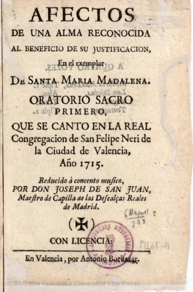 A faded Spanish document titled "Afectos de una Alma Reconocida" regarding the death of Santa Maria Madalena, featuring a stamp and handwritten text.