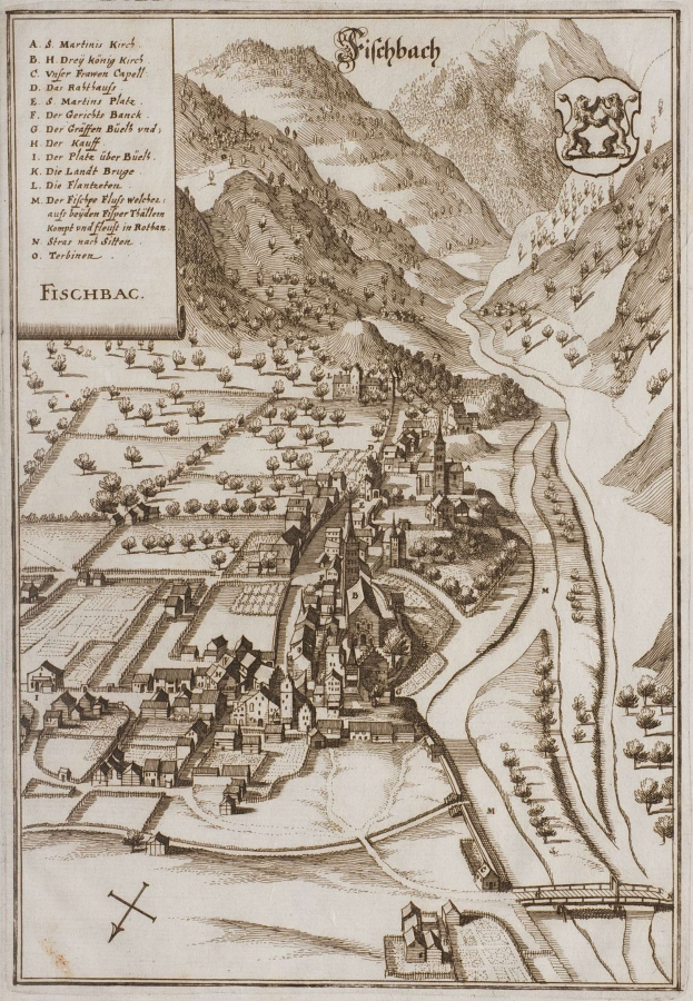 Alte Karte von Fischbach, Deutschland, mit H├Ąusern, B├Ąumen, Hügeln, einem gewundenen Fluss und einem Logo.