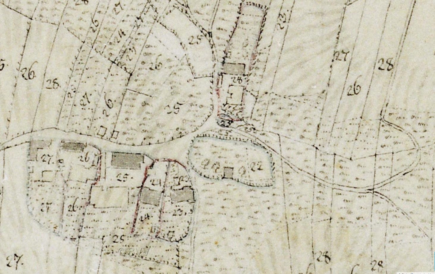 Detailed old city map with numbered buildings, roads, and text, indicating a proposed development at the bottom.
