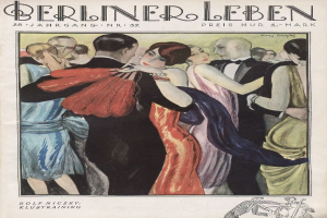 Ein Magazin-Cover mit einer Abbildung eines tanzenden Mannes und einer Frau, wobei der Mann einen Anzug trägt und die Frau ein Kleid trägt, sowie der Text 'Berliner Leben' und ein Logo unten.