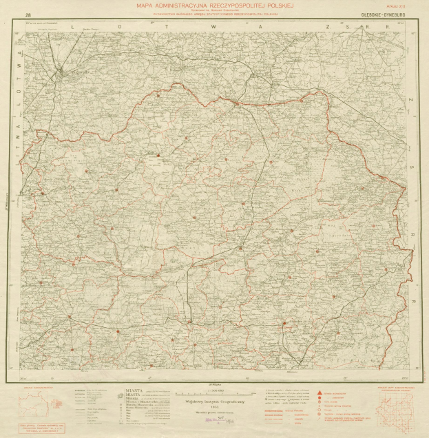 Alte Karte von Polen mit einer roten Linie, die hindurchl├Ąuft, mit handgeschriebener Text auf altem Papier.