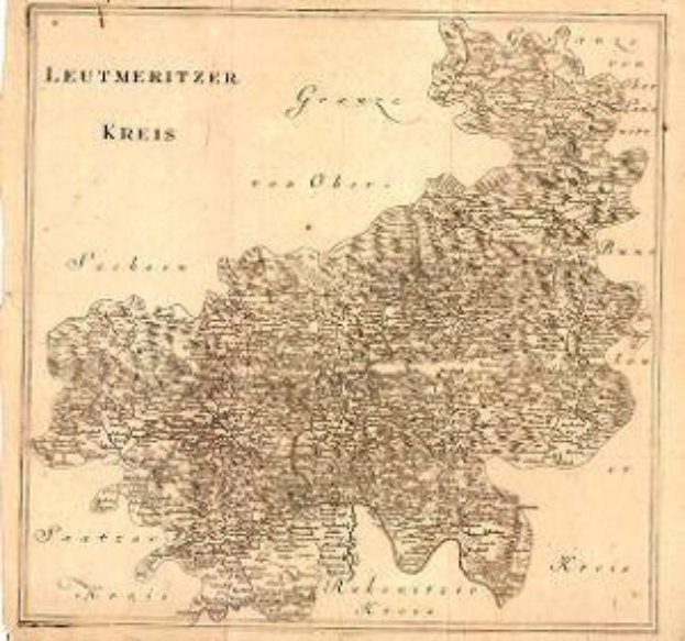 Old detailed map of Leutmeritzer Kreis, Germany, showing cities, towns, roads, and landmarks with accompanying text.