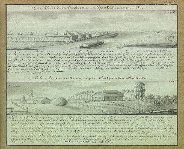 Altes Buch mit einer 17. Jahrhundert-Illustration einer Stadtansicht, die einen Bahnhof unter Bau zeigt, einschließlich Text und Bildern von Häusern, Bäumen und anderen Gegenständen.