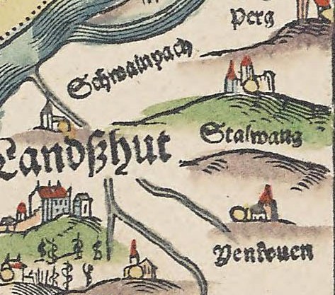 Detailed old map of Landshut, Germany, depicting streets, buildings, hills, and people with accompanying text.