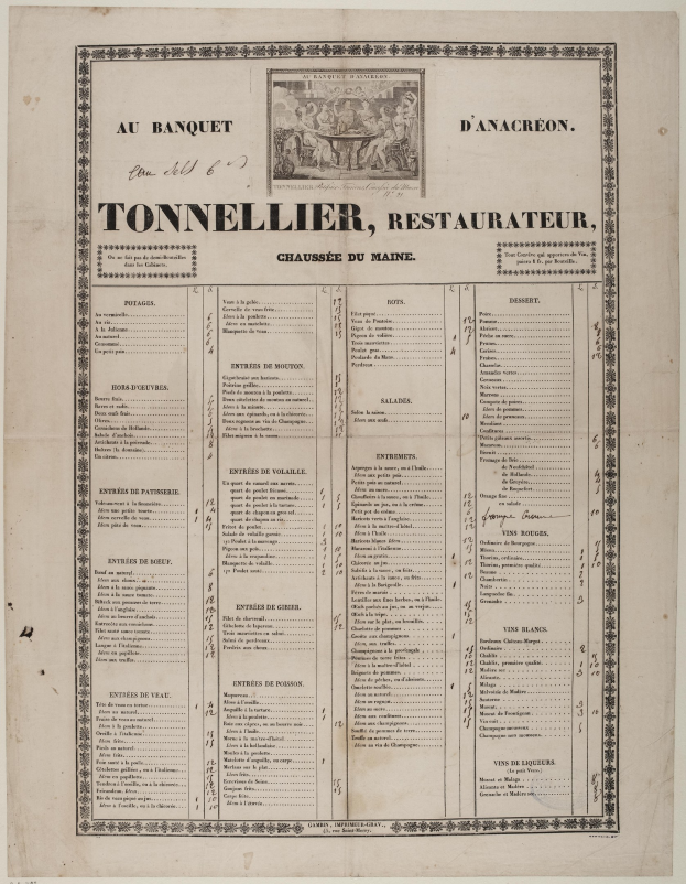 Ein altes Buch mit einer Restaurant-Speisekarte, das Text und ein Bild enthält, das die Angebote des Restaurants beschreibt.