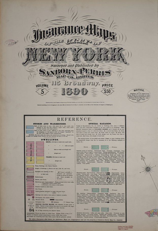 Old book with a black and white map of New York on the cover and text on the pages.
