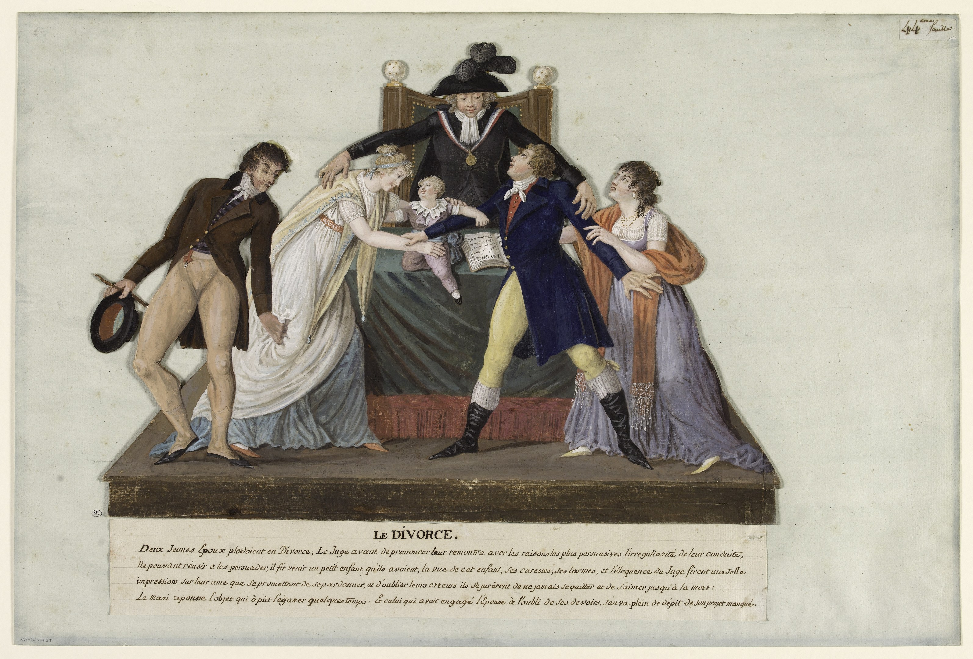 Painting depicting a group of people on a stage, one holding a hat, with a seated person in the background and the text "Le Divorce" at the bottom.