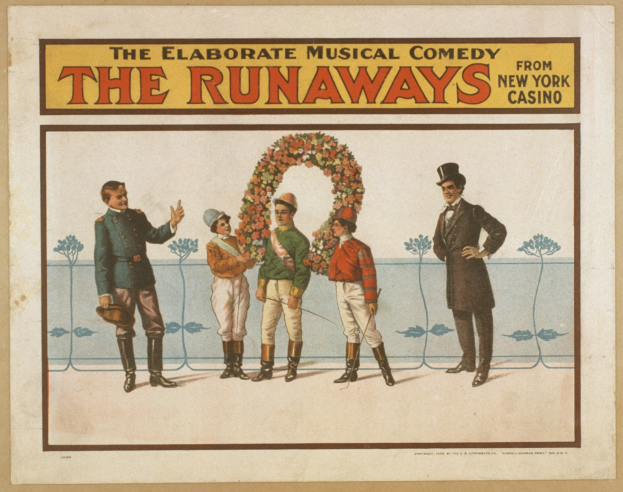 Poster for the musical comedy "Runaways" from New York Casino, featuring a group of people in a line with one holding a bouquet of flowers and text describing the show.