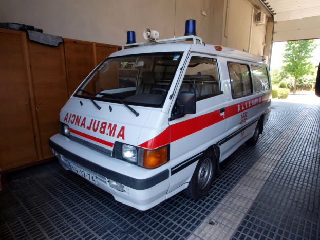 Ambulanz in einer Garage neben einem Feuerhydranten geparkt, mit einer Wand, Bäumen, Pflanzen und einem Schuppen im Hintergrund.