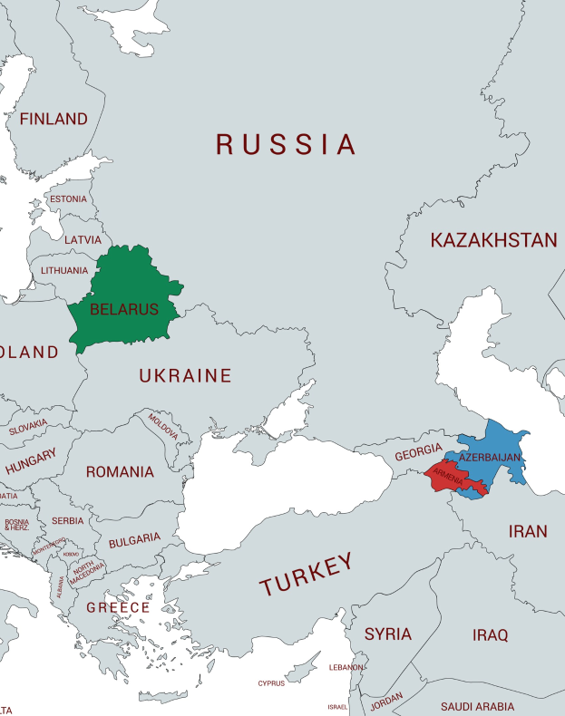 Eine Europakarte, die die Provinzen von Belarus und Aserbaidschan in verschiedenen Farben hervorhebt, mit zusätzlichen Textdetails über die beiden Länder.