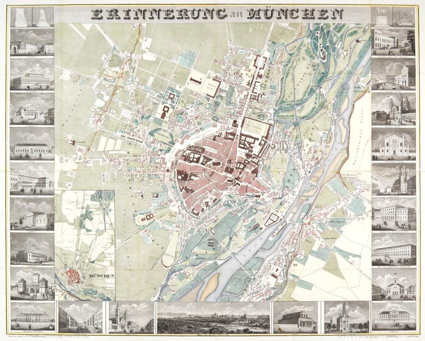 Old detailed map of Erinnerungen, Germany, depicting streets, buildings, and landmarks with illustrations and text at the top.