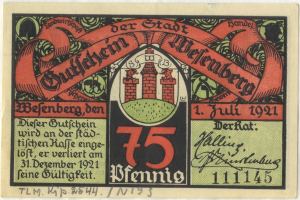 Eine alte deutsche Banknote mit einem Gebäude darauf, mit dem Text 'Bundesliga' und einem Logo unten, vor einem weißen Hintergrund.