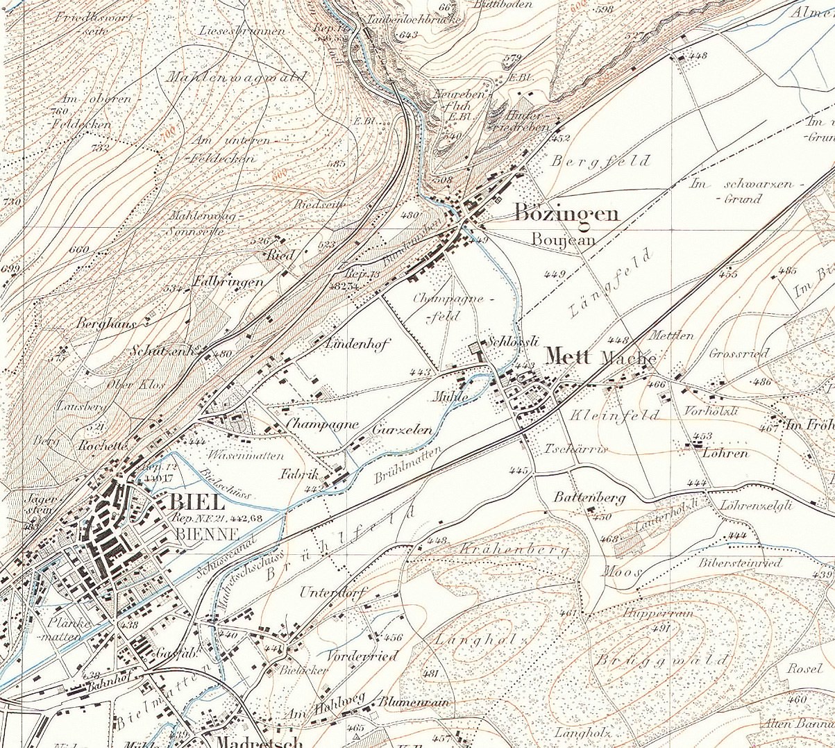 Old topographic map of Bozingen, Germany, displaying detailed geographical features and handwritten text.