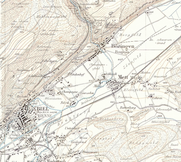 Old topographic map of Bozingen, Germany, displaying detailed geographical features and handwritten text.