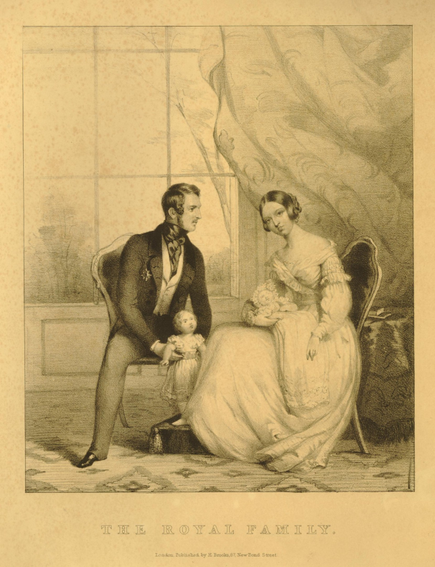 A man and woman sitting on a chair with the woman holding a baby, behind them a window with a curtain, and text at the bottom reading "The Royal Family".