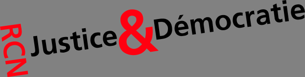 White background with bold, modern text "justice & democratie" in black and red, conveying trustworthiness.