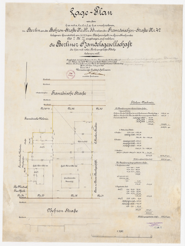 Old document with a detailed floor plan of the Berliner Handelagellachaft building, featuring handwritten text and a stamp on the left side.