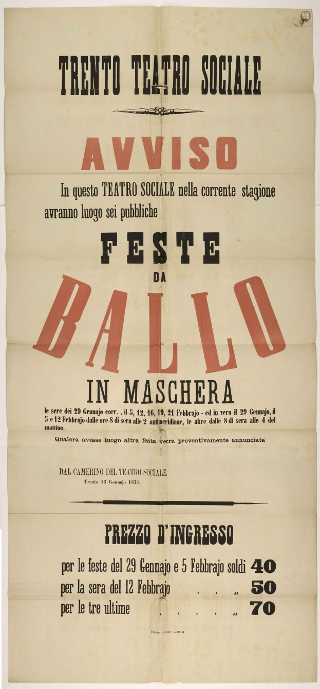 Alter Plakatwerbung für ein Festival in Maschera, Italien, mit Textbeschreibung.