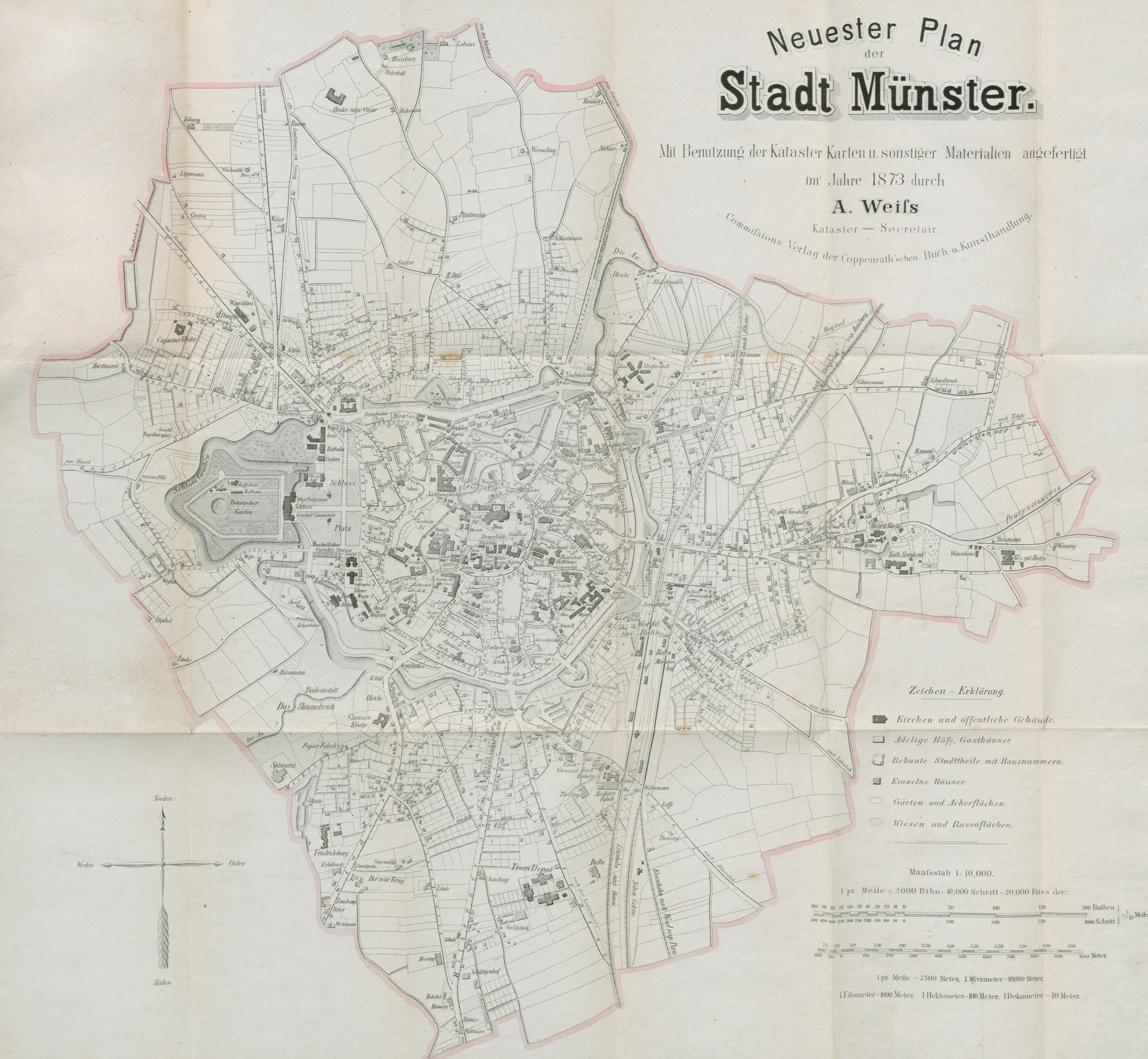 Black and white map of Stadt Münster, Germany from 1873, showing detailed street layouts and text annotations.