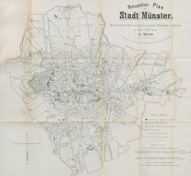 Black and white map of Stadt Münster, Germany from 1873, showing detailed street layouts and text annotations.