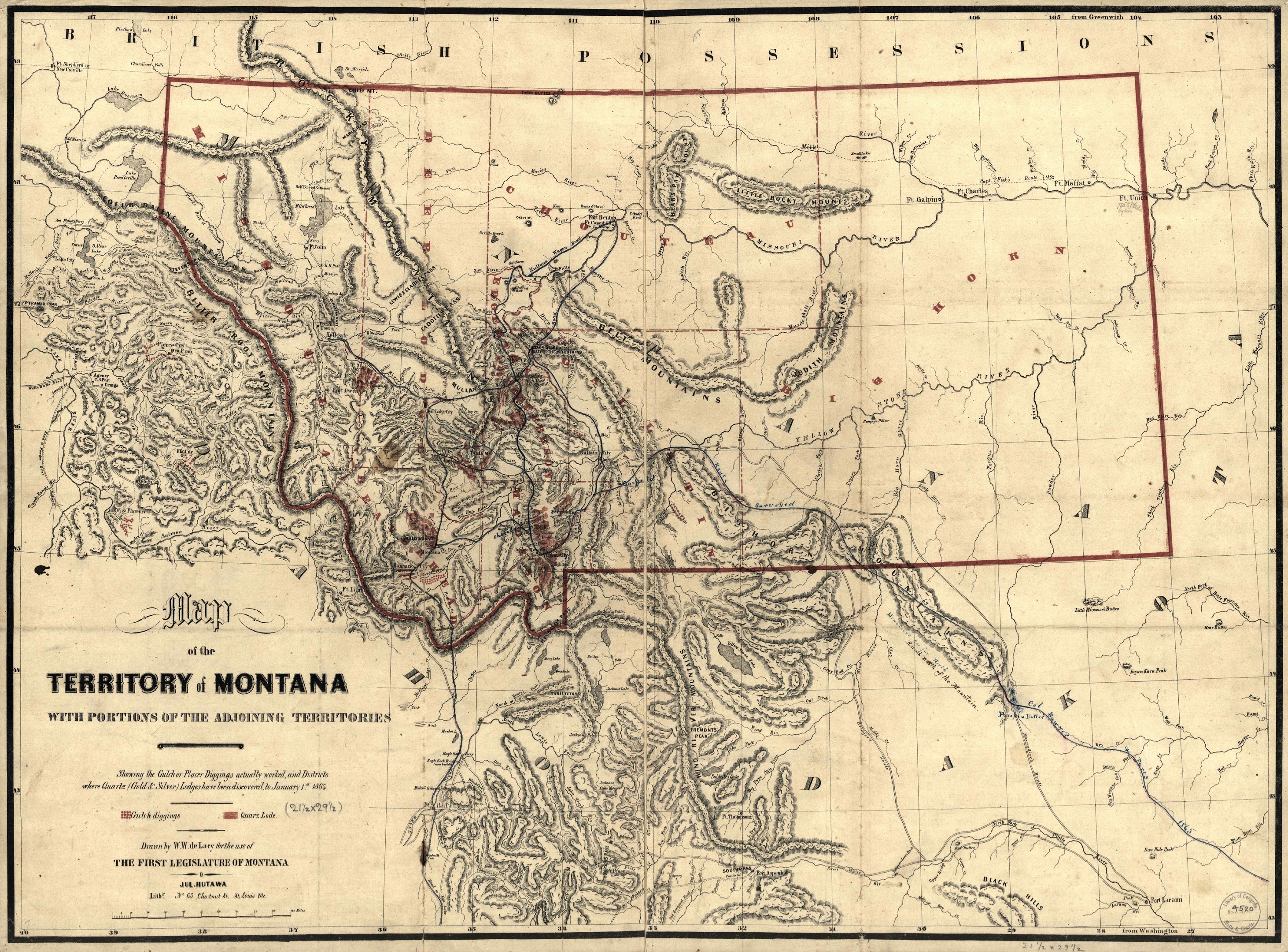 Ausführliche alte Karte des Montana-Gebiets mit geografischen Merkmalen und beschrifteten Ortschaften und St├Ądten.