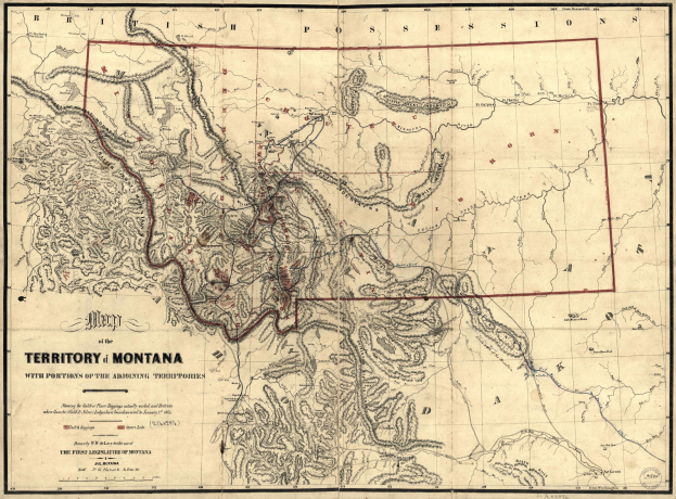 Ausführliche alte Karte des Montana-Gebiets mit geografischen Merkmalen und beschrifteten Ortschaften und St├Ądten.