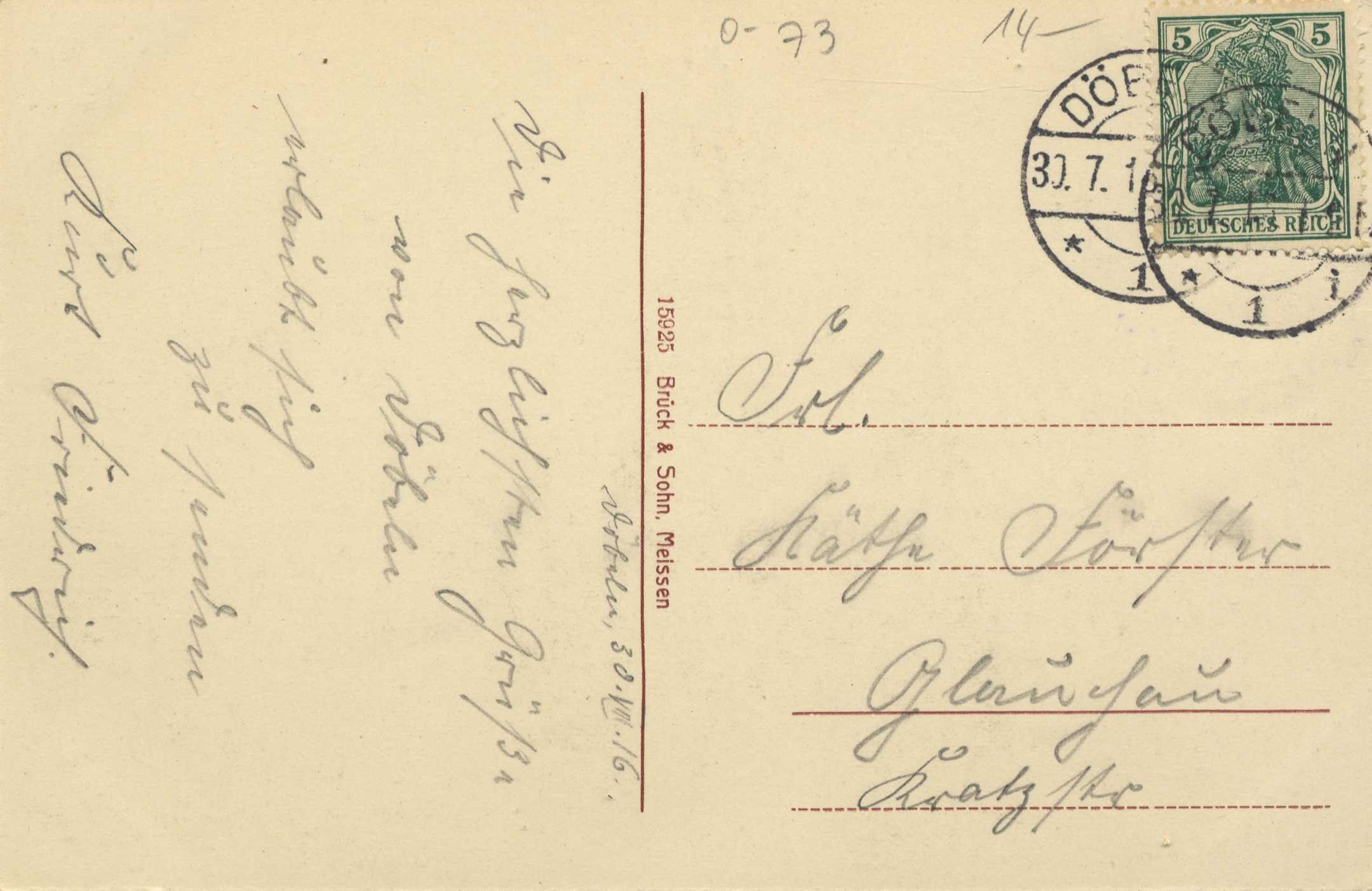 Old envelope with a stamp addressed to Germany in 1939, marked "Bruck & Sohn Meissen," bearing two stamps.