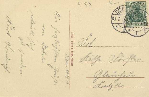 Old envelope with a stamp addressed to Germany in 1939, marked "Bruck & Sohn Meissen," bearing two stamps.