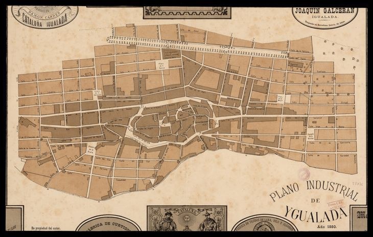 Old map of Yucatan, Mexico with a black border, displaying streets, buildings, and landmarks, accompanied by text detailing population and locations.