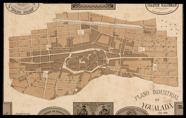 Old map of Yucatan, Mexico with a black border, displaying streets, buildings, and landmarks, accompanied by text detailing population and locations.