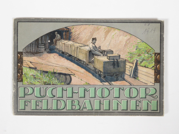 Poster featuring a painting of a train on tracks with two people seated on it, surrounded by greenery and a wall, with text at the bottom reading "puch-motor feldbahnen - puch motor feldbaahnen."