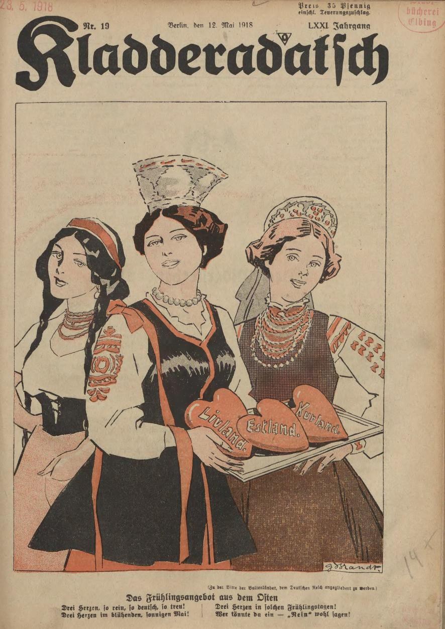 Altes Buchcover mit drei Frauen in traditioneller bayrischer Tracht, eine hält ein herzförmiges Objekt auf einem Teller, mit Text 'Riaderadatich, September 1918'.