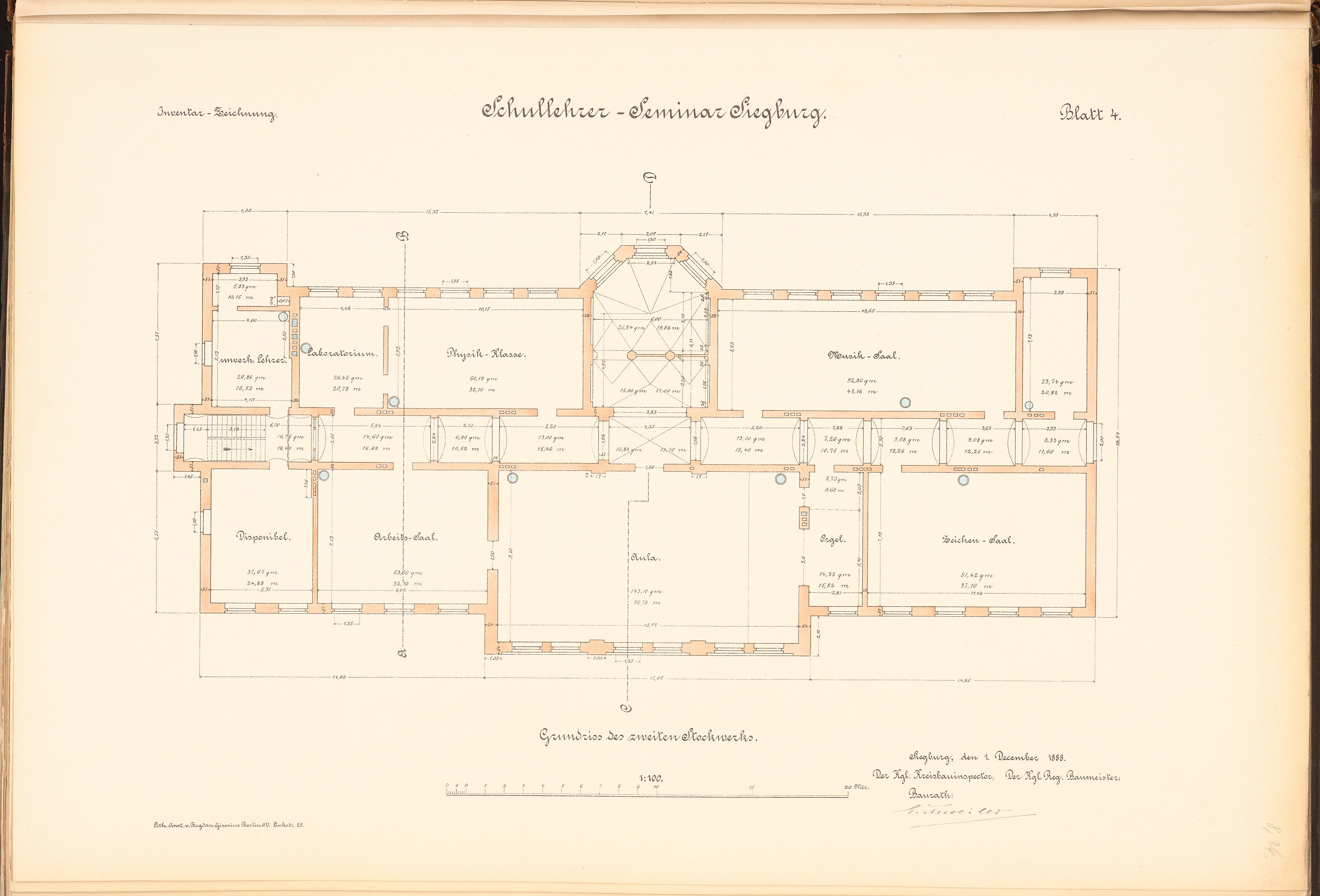 Old book open to a detailed floor plan drawing of the Schullacher-Seminar Schütze, a German school building, showing windows, doors, room layouts, and dimensions.
