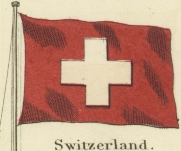 Rotes Flagge mit weißem Kreuz, befestigt an einem Stab, mit dem Wort "Schweiz" darunter.