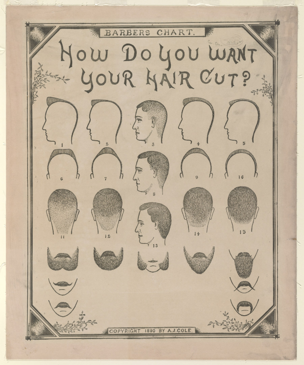 Papier mit gedruckten Bildern von menschlichen Köpfen und Text, der fragt: "Wie möchtest du deine Haare geschnitten haben?"