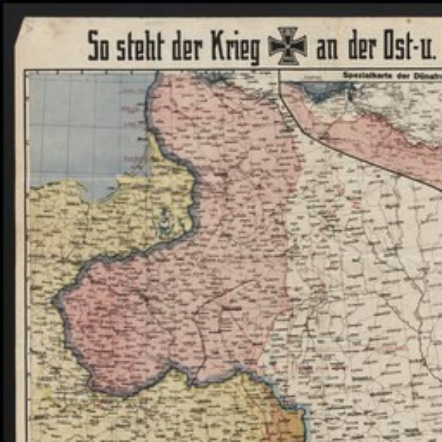 A framed map of Germany with text "So Steht der Krieg an der Ost-U" overlaying it.