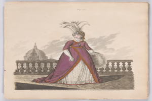 Frau in einem purpur-weißen Kleid mit Federn auf dem Kopf, die vor einem Geländer mit einem Gebäude und Wolken im Hintergrund steht, beschriftet mit 'Fashion of New York, New York Street, 1790'.