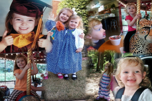 Ein Collage mit Vergnügungspark-Fahrgeschäften, einem Tisch mit Essensartikeln einschließlich eines Bechers und Löffels, verschiedenen Gegenständen, Lichtern, einer Wand, Büschen, Bäumen, Gras, einem Seil und einem Hut.