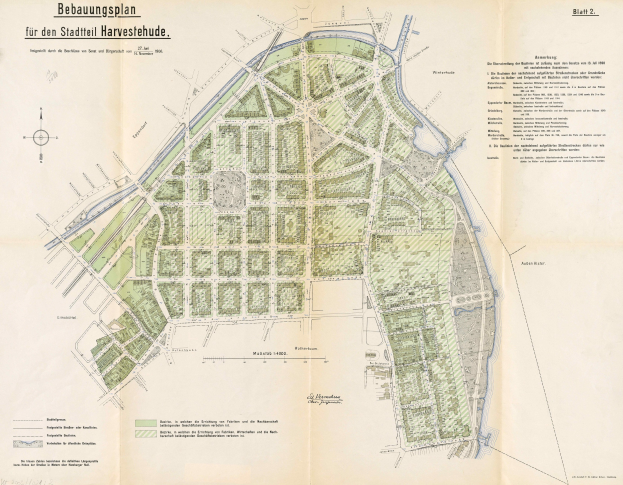 Old map of Berlin, Germany, detailing streets, buildings, and landmarks with text annotations on aged paper.