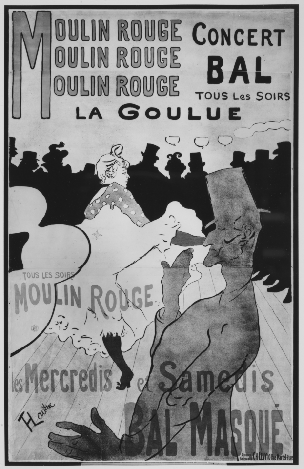 Ein Schwarz-Weiß-Plakat, das ein Moulin-Rouge-Konzert in Paris ankündigt, mit einem tanzenden Mann und einer Frau und Text auf dem Plakat.