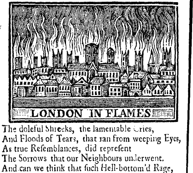 Schwarz-weiß-Zeichnung einer brennenden Stadt mit der Beschriftung "London in Flames" unten, die Gebäude in Rauch und Feuer gehüllt zeigt.