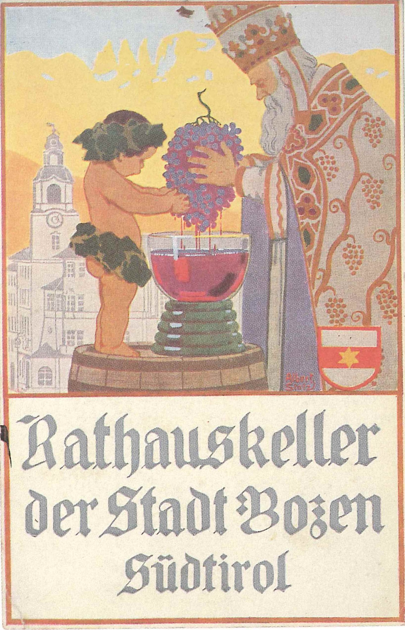 Poster advertising Rathauskeller der Stadt Bozen Südtirol, featuring a person holding grapes and a child in front of a building with text.
