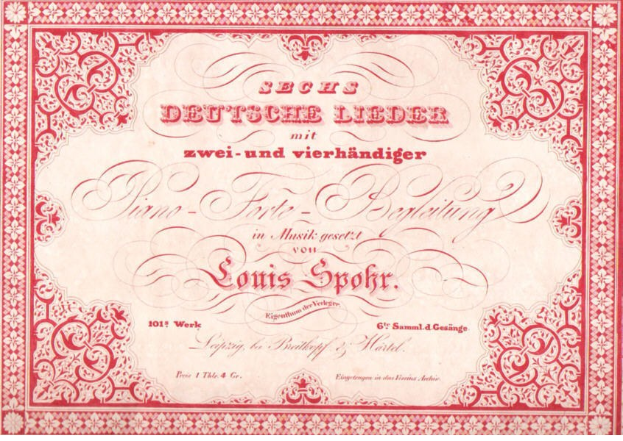 Ein altes deutsches Aktienzertifikat mit rotem Rand und weißem Hintergrund, das den Text 'Louis Spohr - Zweites Deutsches Lieder' trägt.