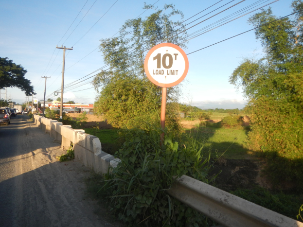 Straße mit Fahrzeugen, ein "10t-Lastbeschränkung"-Schild, eine Wand, Pflanzen, Gras, Bäume, Strommasten mit Drähten, Gebäude im Hintergrund und einen klaren blauen Himmel.
