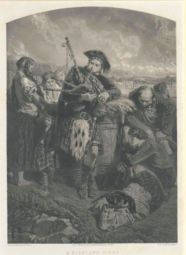 Schwarze und weiße Gravur eines Mannes, der eine Dudelsack vor einer Gruppe von Menschen spielt, mit einem bewölkten Himmel im Hintergrund, beschriftet mit "A Highland Pipe" unten.