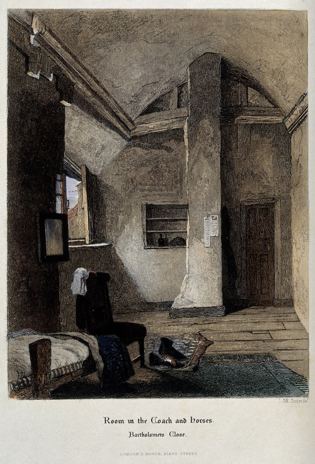 Ein unordentliches Zimmer mit einem Bett, einem Stuhl, einem Fenster, einer Wand, einer Tür und verstreuten Gegenständen auf dem Boden, mit Text unten.