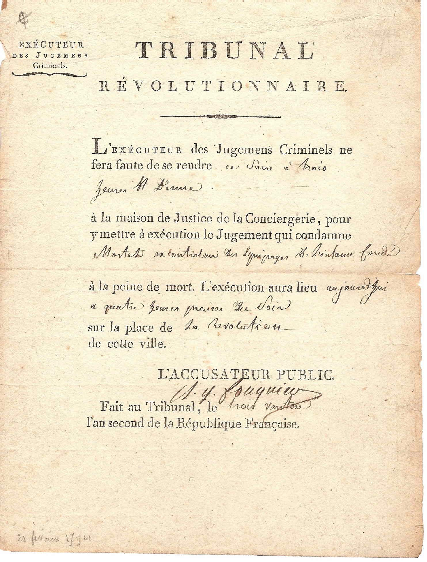 Old yellowed document titled "Tribunal Révolutionnaire" detailing execution judgments in France, written in cursive font.